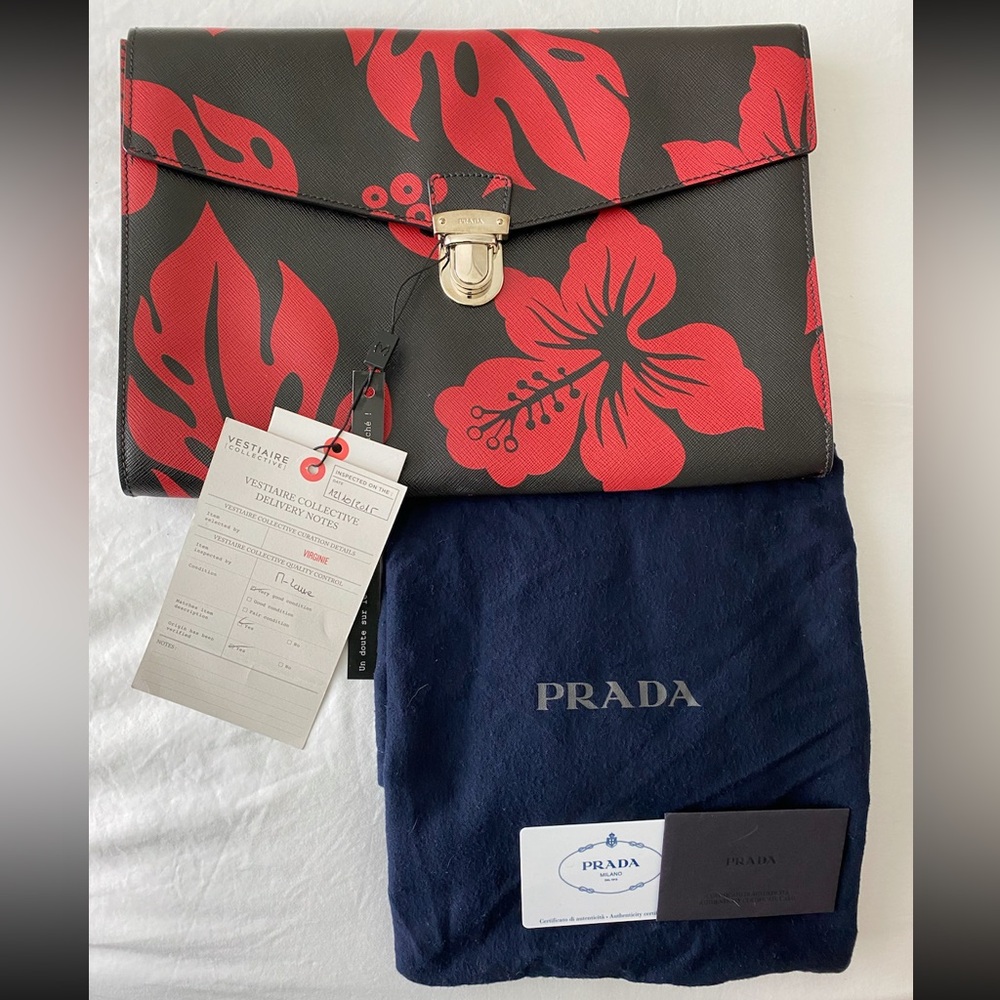 Prada Saffiano Print pouchette model VR0074 in Nero & Rosso (black & red)